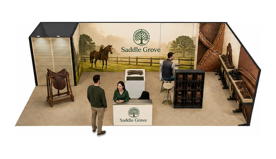 Stoisko 10 × 5 m narożne prawe dla branży jeździectwo, przykładowa marka Saddle Grove
