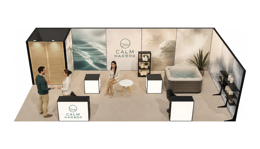 Stoisko 10 × 5 m narożne prawe dla branży spa i wellness, przykładowa marka Calm Harbor