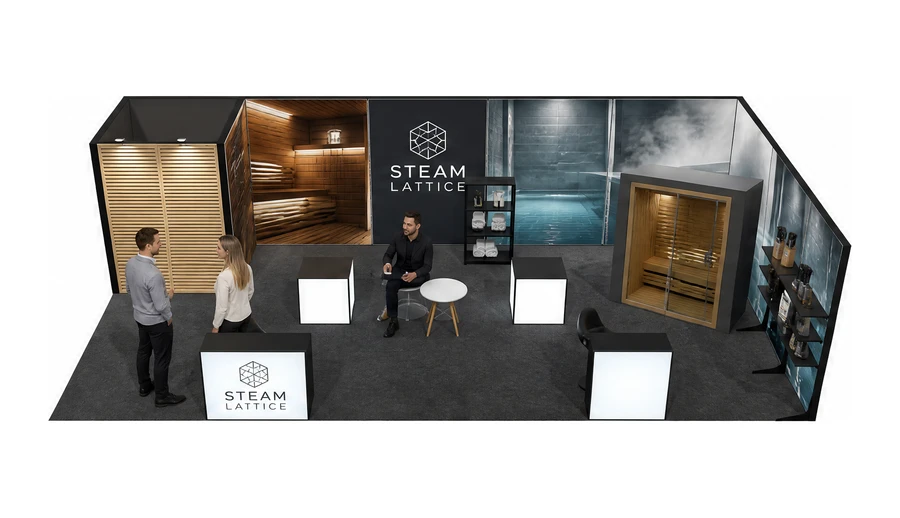 Stoisko 10 × 5 m narożne prawe dla branży baseny i sauny, przykładowa marka Steam Lattice