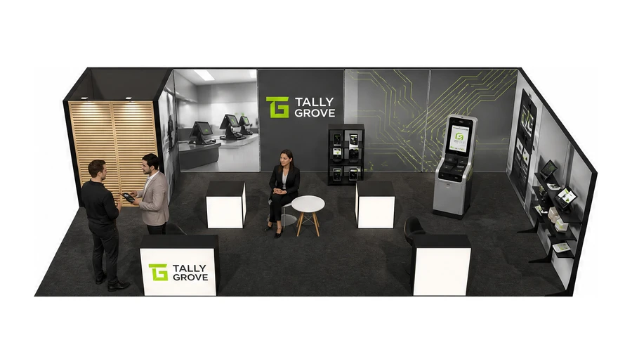Stoisko 10 × 5 m narożne prawe dla branży technologie dla handlu, przykładowa marka Tally Grove