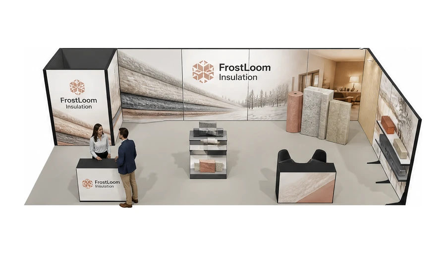 Stoisko 10 × 5 m narożne prawe dla branży izolacje techniczne, przykładowa marka FrostLoom Insulation