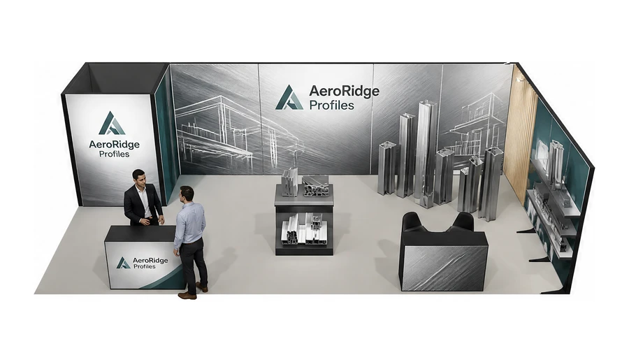Stoisko 10 × 5 m narożne prawe dla branży profile aluminiowe, przykładowa marka AeroRidge Profiles