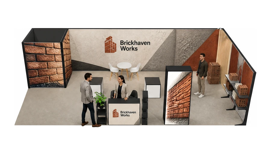 Stoisko 10 × 5 m narożne prawe dla branży materiały budowlane, przykładowa marka Brickhaven Works