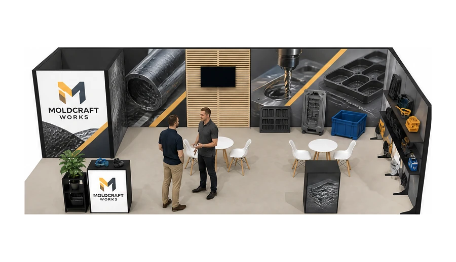 Stoisko 10 × 5 m narożne prawe dla branży przetwórstwo tworzyw, przykładowa marka Moldcraft Works