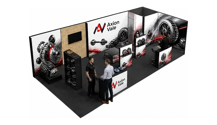 Stoisko 10 × 5 m narożne prawe dla branży części motoryzacyjne, przykładowa marka Axion Vale