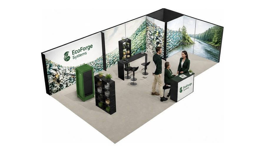 Stoisko 10 × 5 m narożne prawe dla branży recykling i ochrona środowiska, przykładowa marka EcoForge Systems