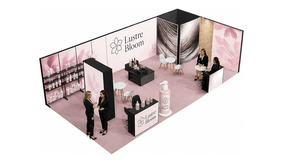 Stoisko 10 × 5 m narożne prawe dla branży fryzjerstwo i salony beauty, przykładowa marka Lustre Bloom