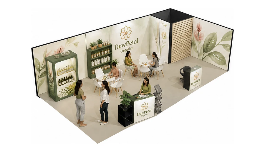 Stoisko 10 × 5 m narożne prawe dla branży kosmetyki naturalne, przykładowa marka DewPetal Organics