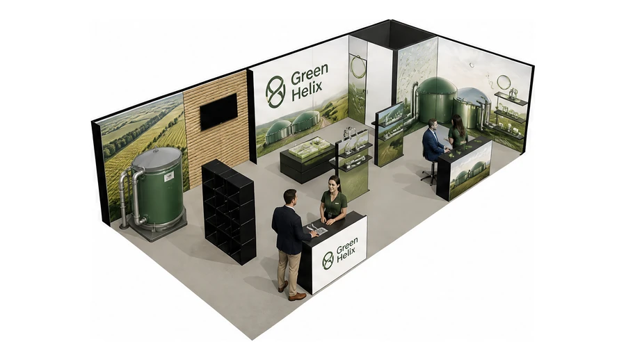 Stoisko 10 × 5 m narożne prawe dla branży biogaz i OZE, przykładowa marka Green Helix