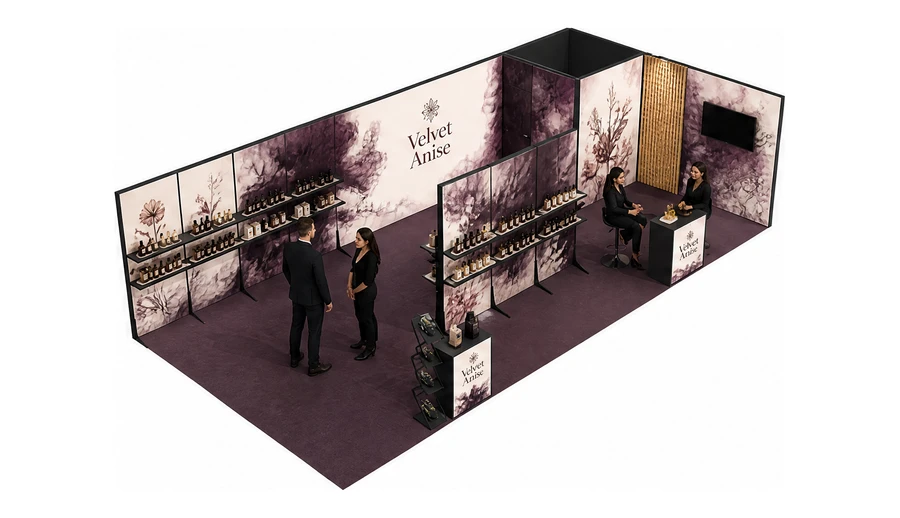 Stoisko 10 × 5 m narożne prawe dla branży perfumy, przykładowa marka Velvet Anise