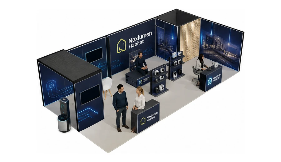 Stoisko 10 × 5 m narożne prawe dla branży smart home i IoT, przykładowa marka Nexlumen Habitat