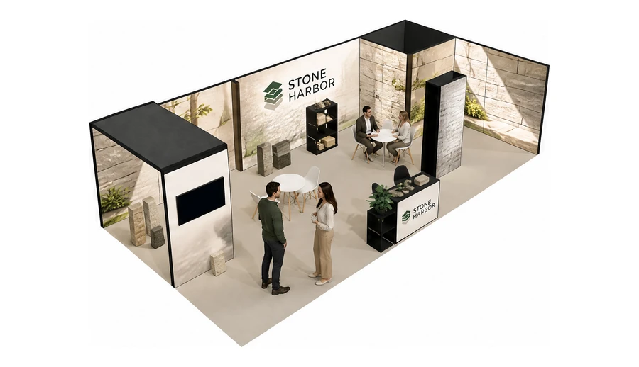 Stoisko 10 × 5 m narożne prawe dla branży materiały budowlane, przykładowa marka Stone Harbor