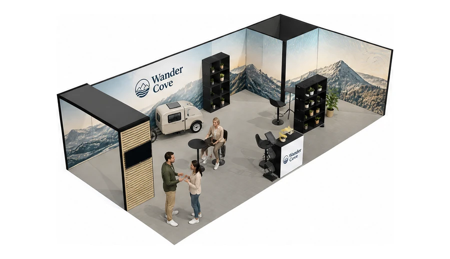Stoisko 10 × 5 m narożne prawe dla branży caravaning i kampery, przykładowa marka Wander Cove