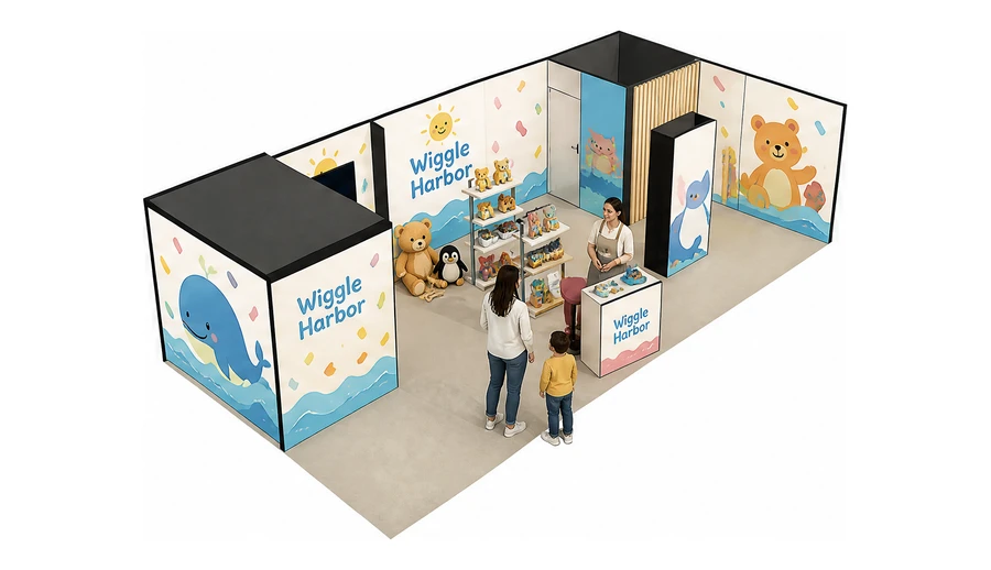 Stoisko 10 × 5 m narożne prawe dla branży zabawki i artykuły dziecięce, przykładowa marka Wiggle Harbor