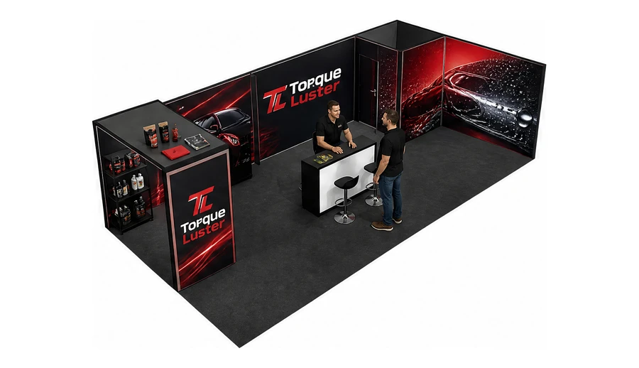 Stoisko 10 × 5 m narożne prawe dla branży tuning i detailing, przykładowa marka Torque Luster