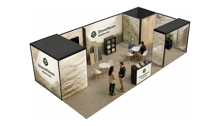 Stoisko 10 × 5 m narożne prawe dla branży materiały budowlane, przykładowa marka StoneHaven Materials
