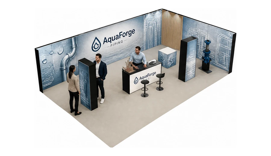Stoisko 10 × 6 m narożne prawe dla branży instalacje wodno-kanalizacyjne, przykładowa marka AquaForge Piping