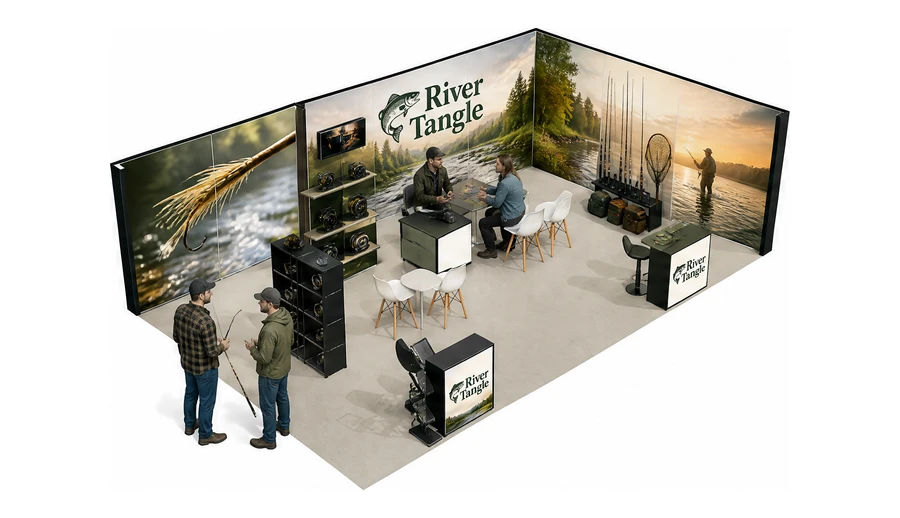 Stoisko 10 × 6 m narożne prawe dla branży wędkarstwo, przykładowa marka River Tangle