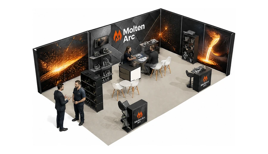 Stoisko 10 × 6 m narożne prawe dla branży obróbka metali i odlewnictwo, przykładowa marka Molten Arc