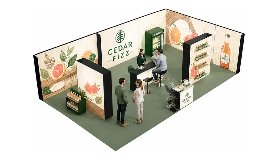 Stoisko 10 × 6 m narożne prawe dla branży napoje, przykładowa marka Cedar Fizz