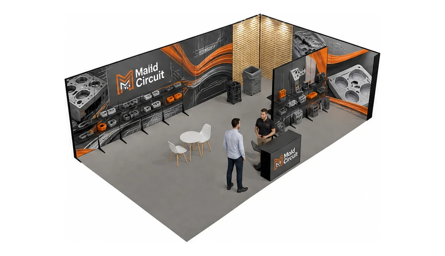 Stoisko 10 × 6 m narożne prawe dla branży przetwórstwo tworzyw, przykładowa marka Mold Circuit