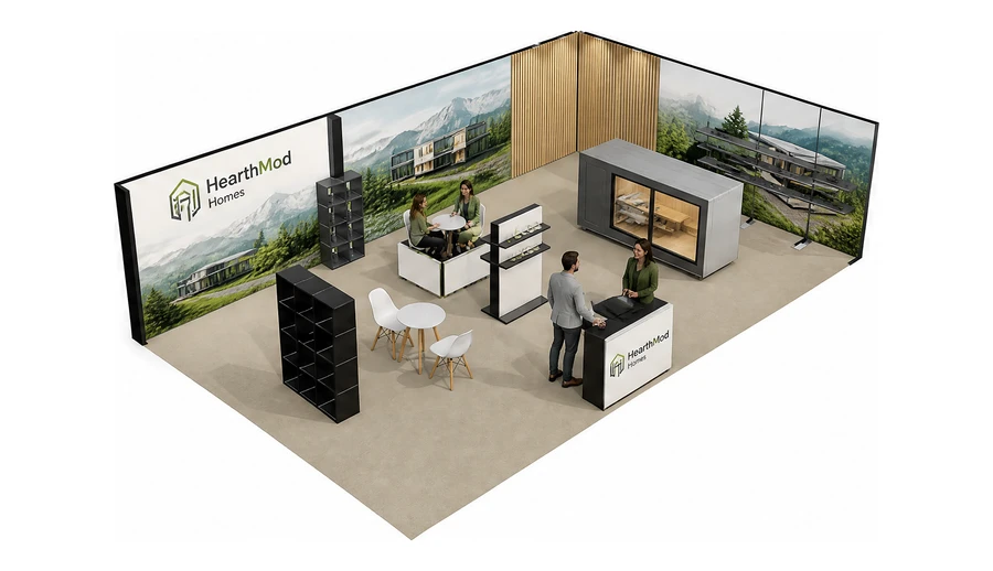 Stoisko 10 × 6 m narożne prawe dla branży domy modułowe i prefabrykacja, przykładowa marka HearthMod Homes