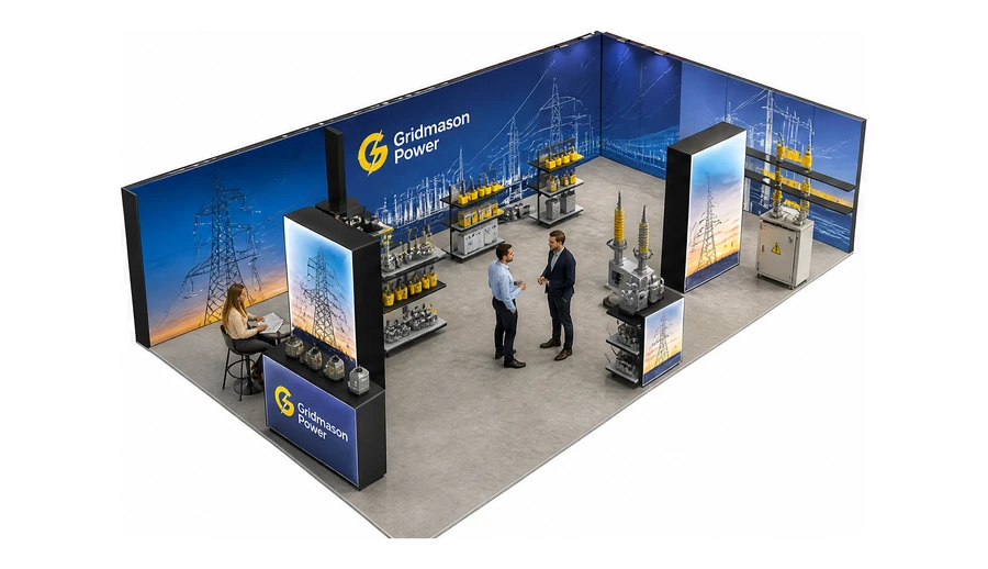 Stoisko 10 × 6 m narożne prawe dla branży energetyka i sieci, przykładowa marka Gridmason Power