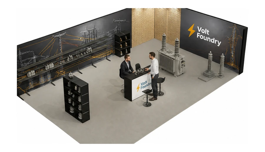 Stoisko 10 × 6 m narożne prawe dla branży energetyka i sieci, przykładowa marka Volt Foundry