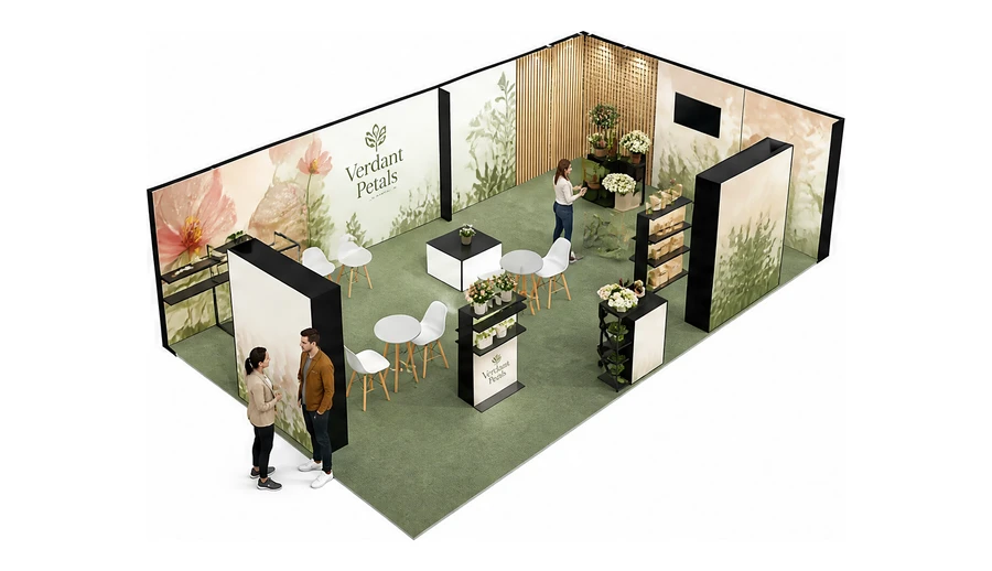 Stoisko 10 × 6 m narożne prawe dla branży rośliny i kwiaciarstwo, przykładowa marka Verdant Petals