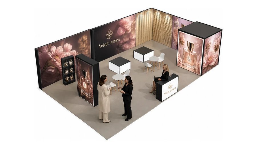 Stoisko 10 × 6 m narożne prawe dla branży perfumy, przykładowa marka Velvet Lumen