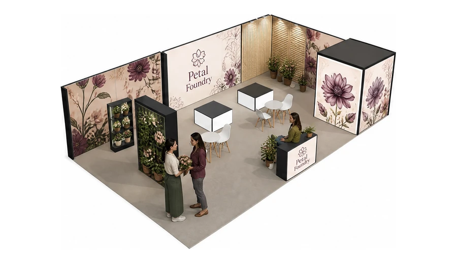 Stoisko 10 × 6 m narożne prawe dla branży rośliny i kwiaciarstwo, przykładowa marka Petal Foundry