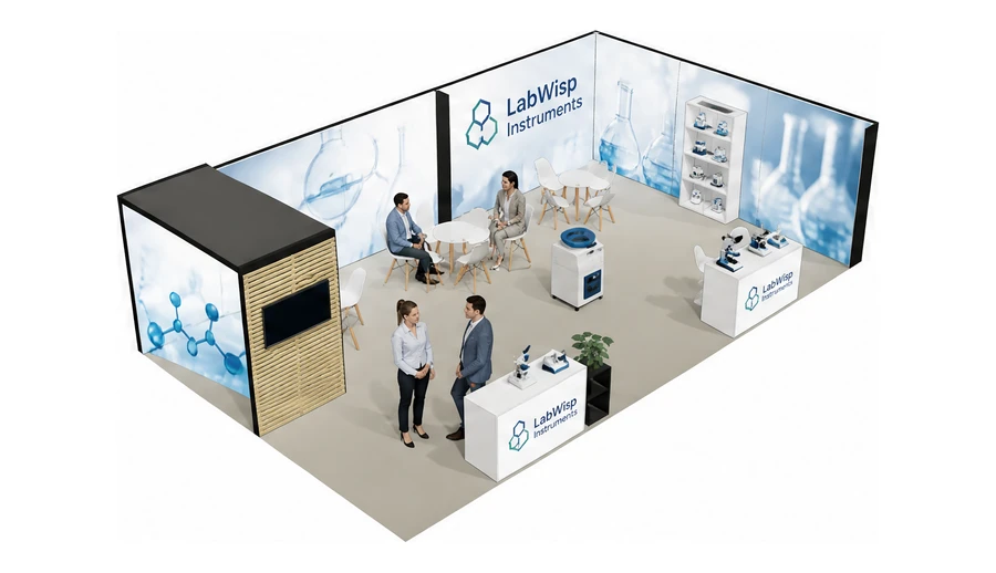 Stoisko 10 × 6 m narożne prawe dla branży sprzęt laboratoryjny, przykładowa marka LabWisp Instruments