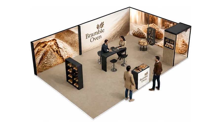 Stoisko 10 × 6 m narożne prawe dla branży piekarnictwo i cukiernictwo, przykładowa marka Bramble Oven