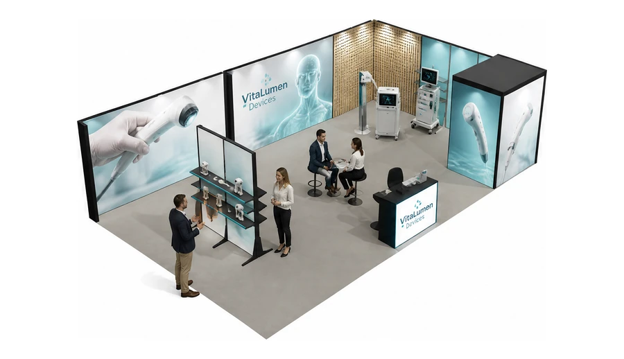 Stoisko 10 × 6 m narożne prawe dla branży sprzęt medyczny, przykładowa marka VitaLumen Devices