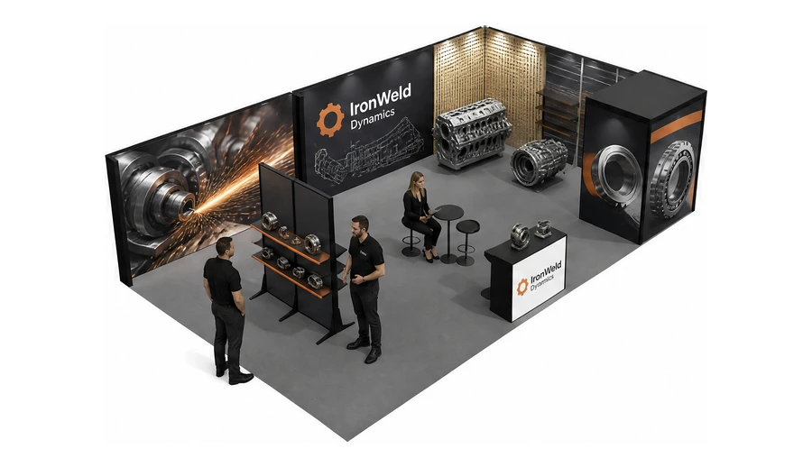 Stoisko 10 × 6 m narożne prawe dla branży części motoryzacyjne, przykładowa marka IronWeld Dynamics