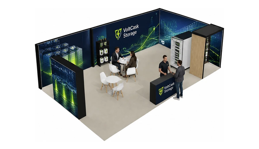 Stoisko 10 × 6 m narożne prawe dla branży magazyny energii, przykładowa marka VoltCask Storage