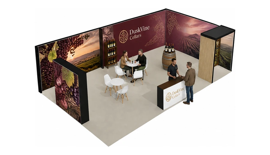 Stoisko 10 × 6 m narożne prawe dla branży winnica, przykładowa marka DuskVine Cellars