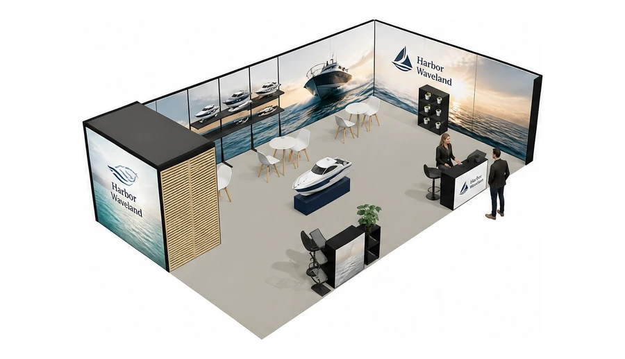 Stoisko 10 × 6 m narożne prawe dla branży jachty i łodzie, przykładowa marka Harbor Waveland