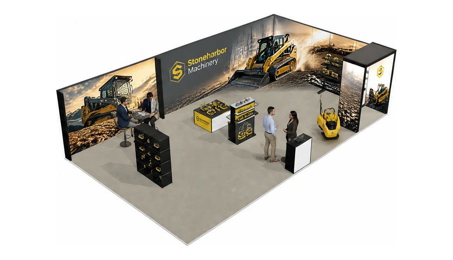 Stoisko 10 × 6 m narożne prawe dla branży maszyny budowlane, przykładowa marka Stoneharbor Machinery