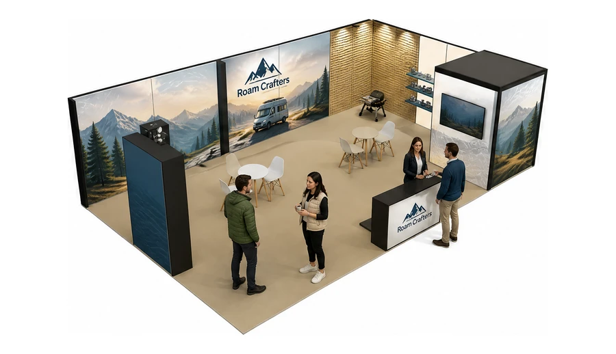 Stoisko 10 × 6 m narożne prawe dla branży caravaning i kampery, przykładowa marka Roam Crafters