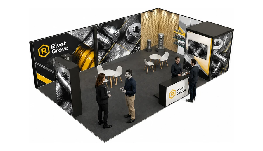 Stoisko 10 × 6 m narożne prawe dla branży elementy złączne, przykładowa marka Rivet Grove