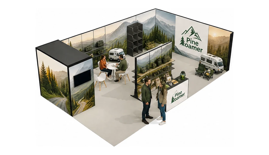 Stoisko 10 × 6 m narożne prawe dla branży caravaning i kampery, przykładowa marka Pine Roamer
