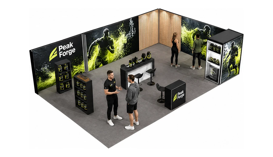 Stoisko 10 × 6 m narożne prawe dla branży suplementy diety, przykładowa marka Peak Forge