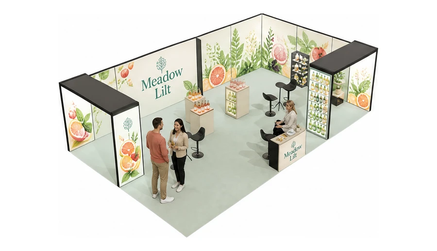Stoisko 10 × 6 m narożne prawe dla branży napoje, przykładowa marka Meadow Lilt