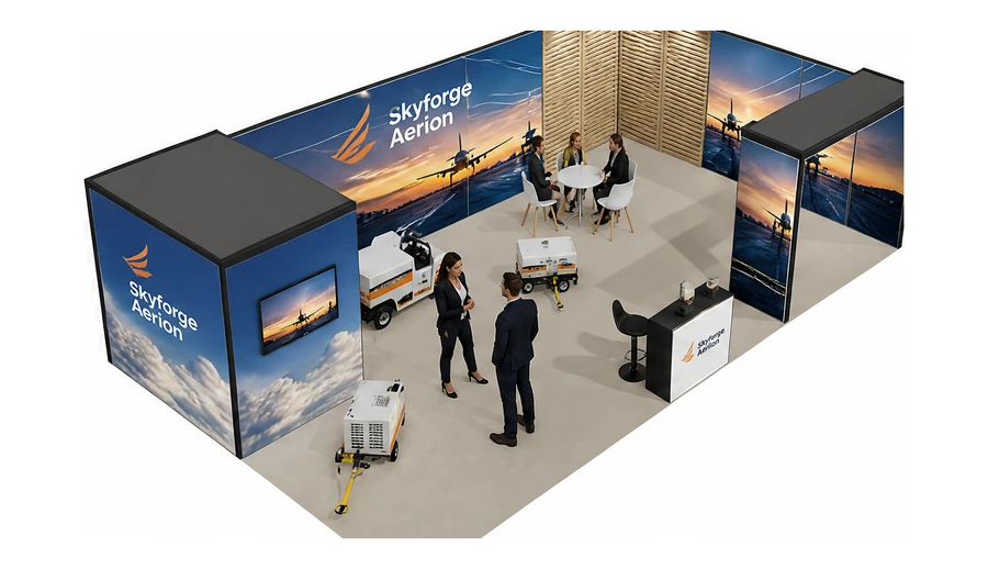 Stoisko 10 × 6 m narożne prawe dla branży lotnictwo, przykładowa marka Skyforge Aerion