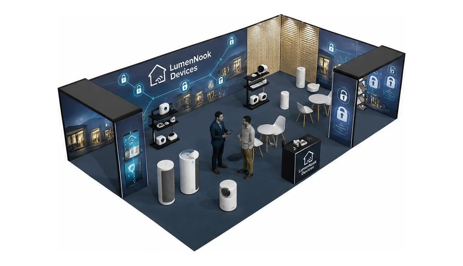 Stoisko 10 × 6 m narożne prawe dla branży smart home i IoT, przykładowa marka LumenNook Devices