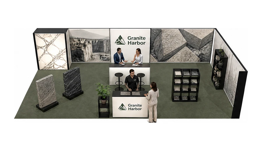 Stoisko 10 × 6 m narożne prawe dla branży kamień i kamieniarstwo, przykładowa marka Granite Harbor