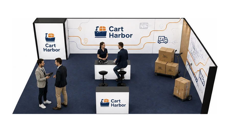 Stoisko 10 × 6 m narożne prawe dla branży e-commerce, przykładowa marka Cart Harbor