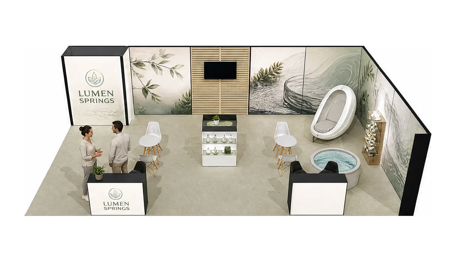 Stoisko 10 × 6 m narożne prawe dla branży spa i wellness, przykładowa marka Lumen Springs