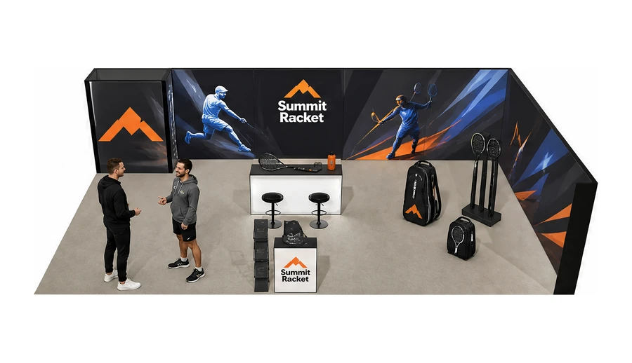 Stoisko 10 × 6 m narożne prawe dla branży sprzęt sportowy, przykładowa marka Summit Racket